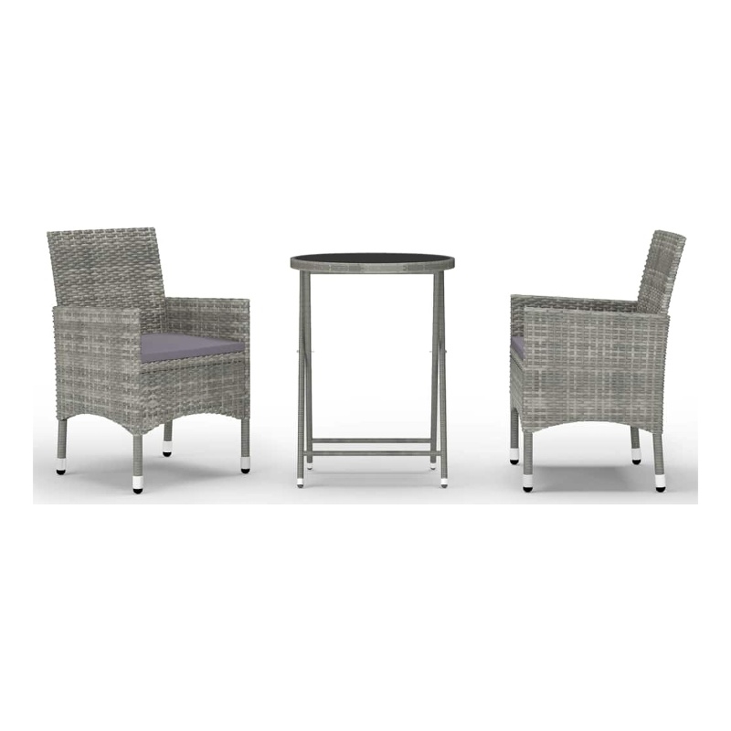 vidaXL 3 Piece Patio Bistro Set Poly Rattan and Tempered Glass Gray