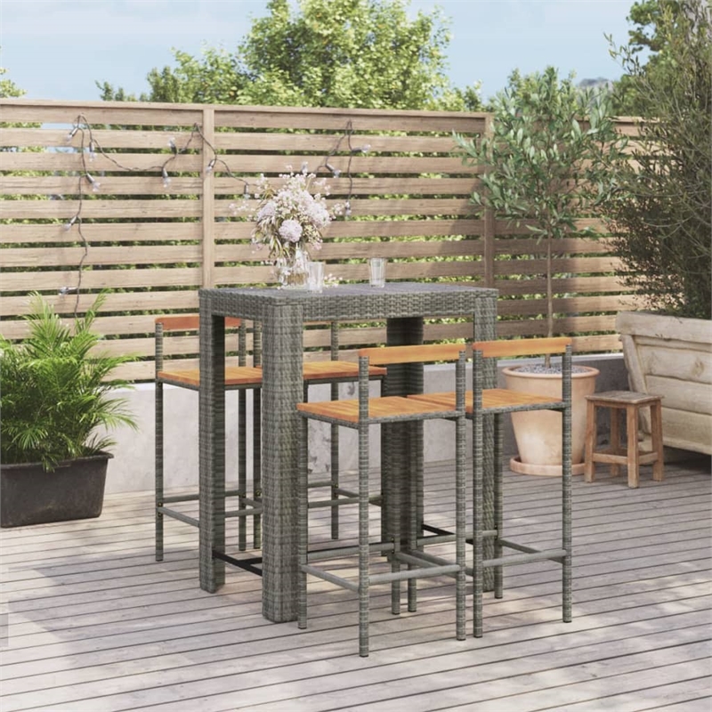 vidaXL 5 Piece Patio Bar Set Gray Poly Rattan&Solid Wood Acacia