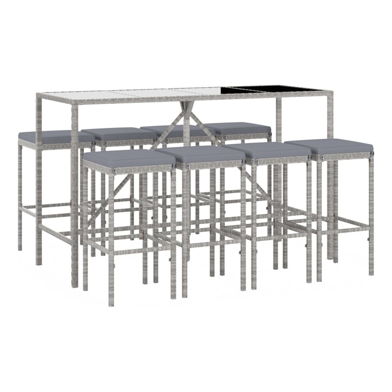 vidaXL 9 Piece Patio Bar Set with Cushions Gray Poly Rattan