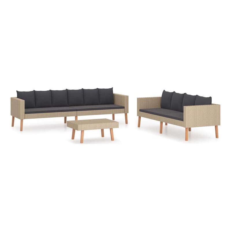vidaXL 3 Piece Patio Lounge Set with Cushions Poly Rattan Beige