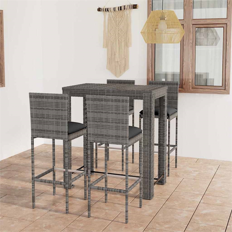vidaXL 5 Piece Patio Bar Set with Cushions Poly Rattan Gray