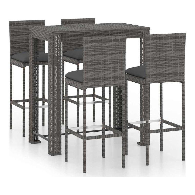 vidaXL 5 Piece Patio Bar Set with Cushions Poly Rattan Gray