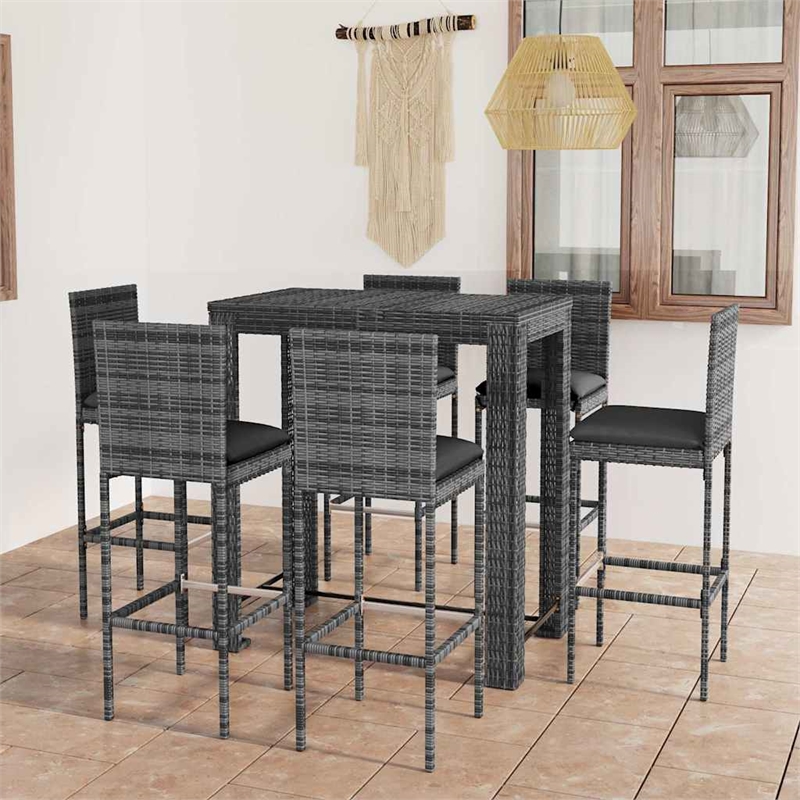 vidaXL 7 Piece Patio Bar Set with Cushions Poly Rattan Gray