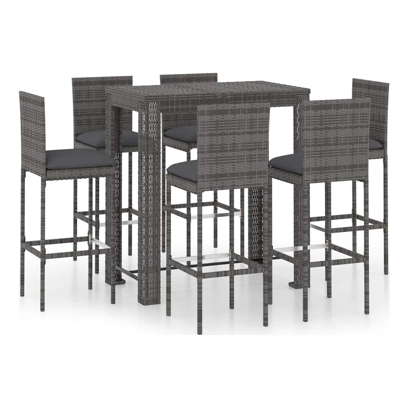 vidaXL 7 Piece Patio Bar Set with Cushions Poly Rattan Gray