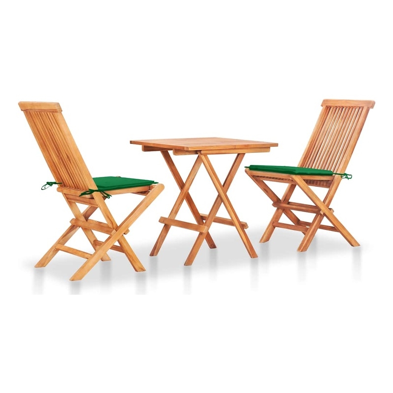 vidaXL 3 Piece Bistro Set with Green Cushions Solid Teak Wood