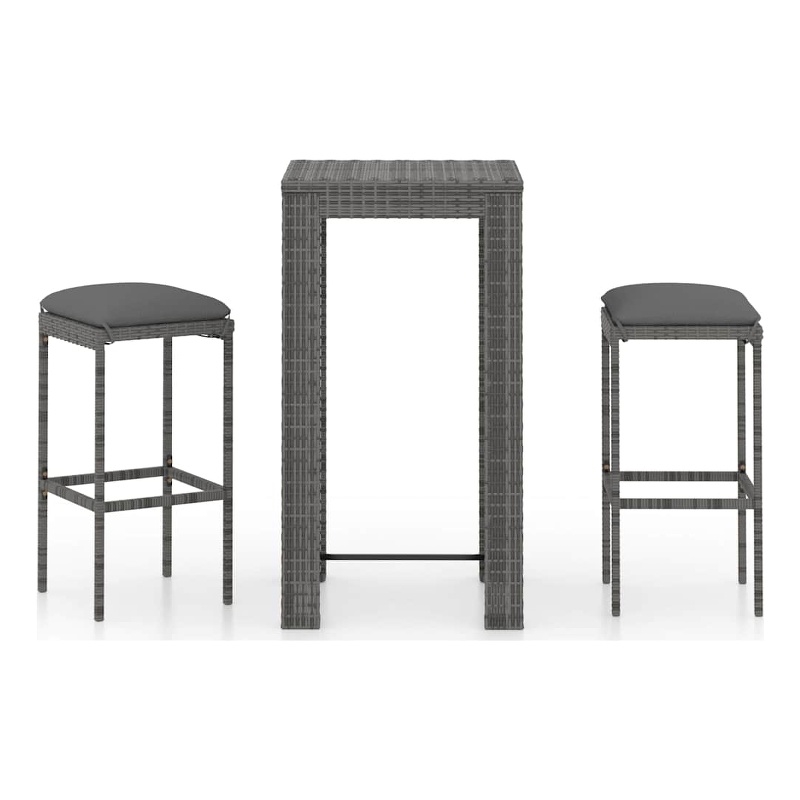 vidaXL 3 Piece Patio Bar Set with Cushions Poly Rattan Gray