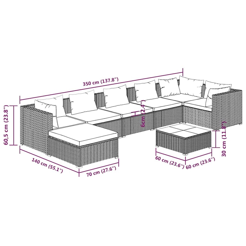 vidaXL 8 Piece Patio Lounge Set with Cushions Poly Rattan Black
