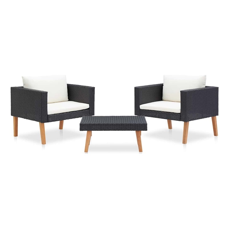 vidaXL 3 Piece Patio Lounge Set with Cushions Poly Rattan Black