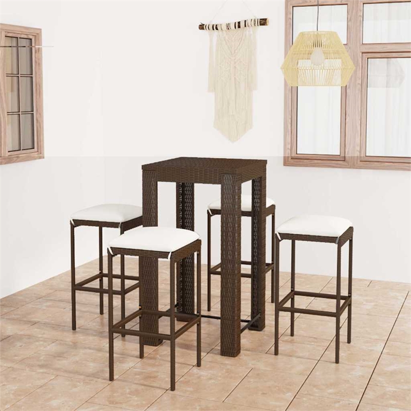 vidaXL 5 Piece Patio Bar Set with Cushions Poly Rattan Brown