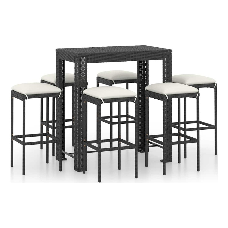 vidaXL 7 Piece Patio Bar Set with Cushions Poly Rattan Black