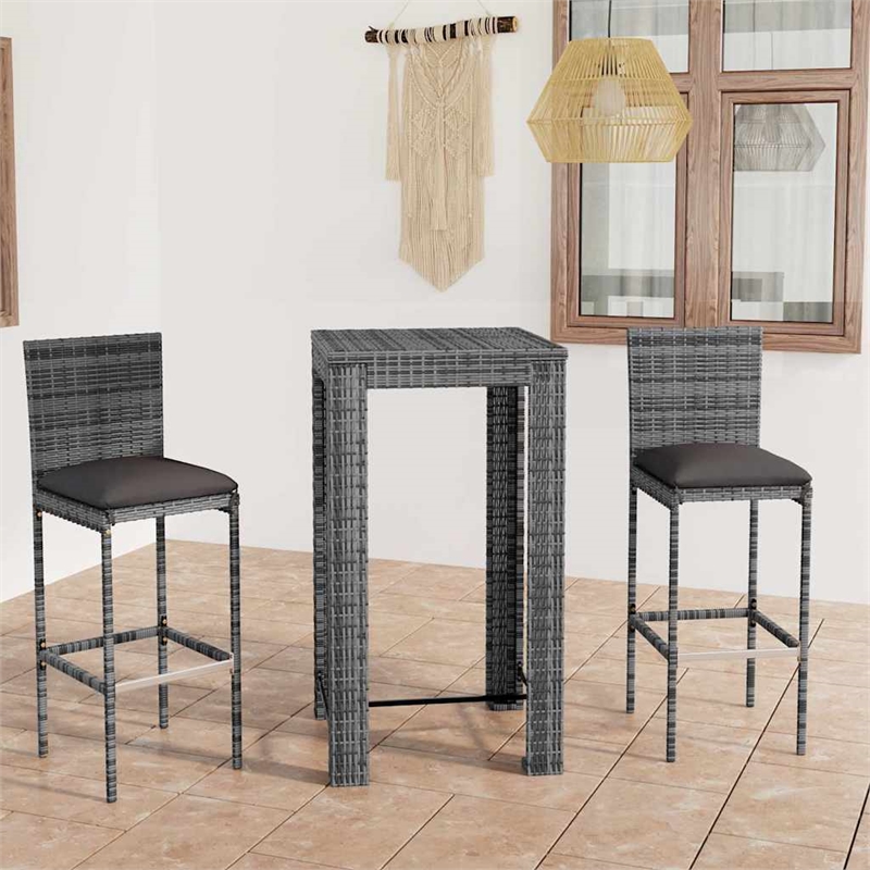 vidaXL 3 Piece Patio Bar Set with Cushions Poly Rattan Gray