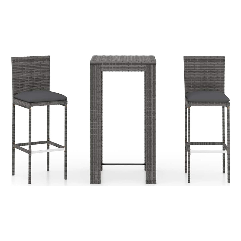 vidaXL 3 Piece Patio Bar Set with Cushions Poly Rattan Gray