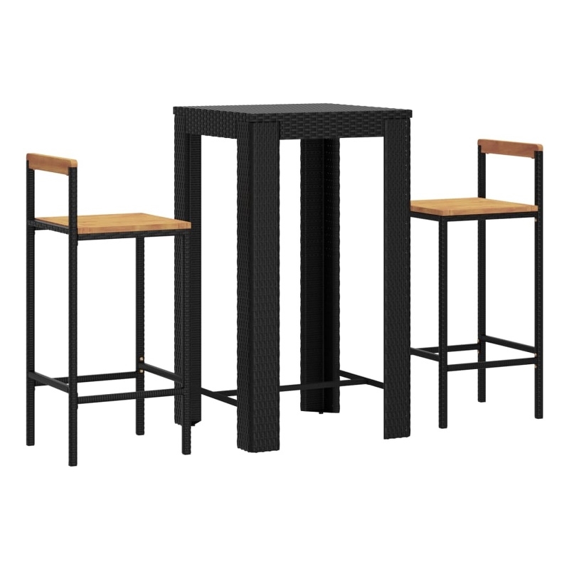 vidaXL 3 Piece Patio Bar Set Black Poly Rattan&Solid Wood Acacia