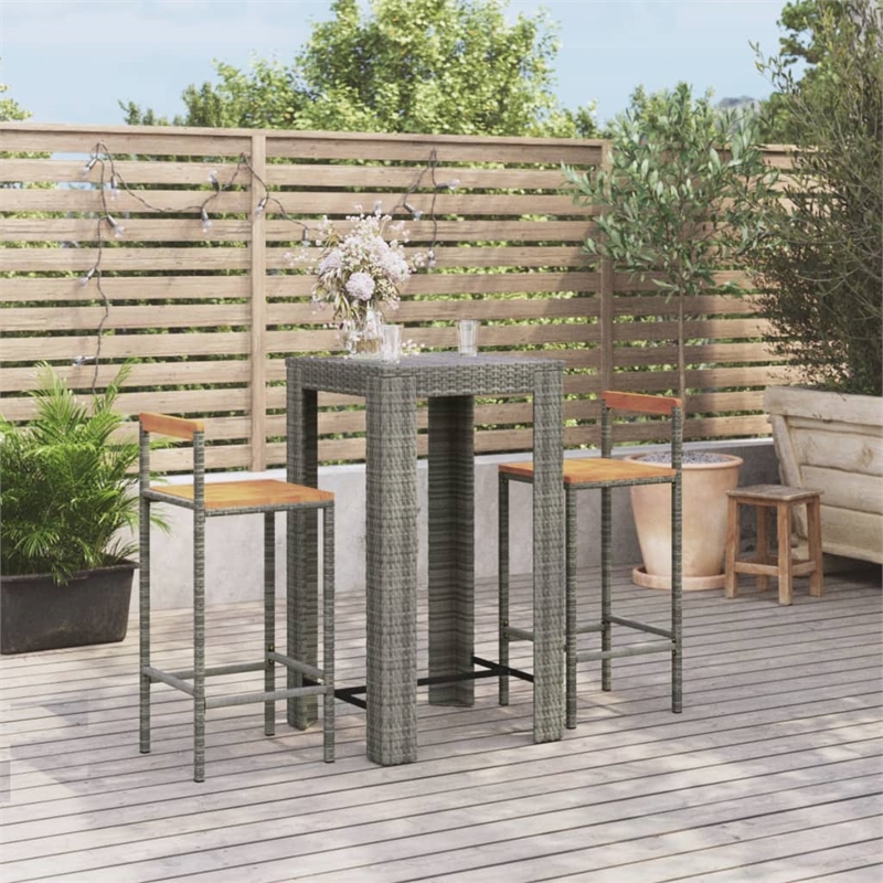 vidaXL 3 Piece Patio Bar Set Gray Poly Rattan&Solid Wood Acacia
