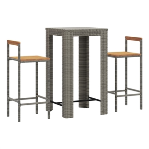 vidaXL 3 Piece Patio Bar Set Gray Poly Rattan&Solid Wood Acacia