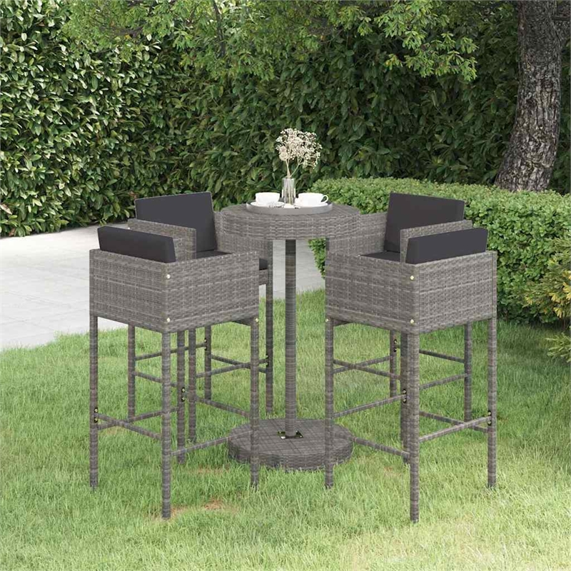 vidaXL 5 Piece Patio Bar Set with Cushions Poly Rattan Gray