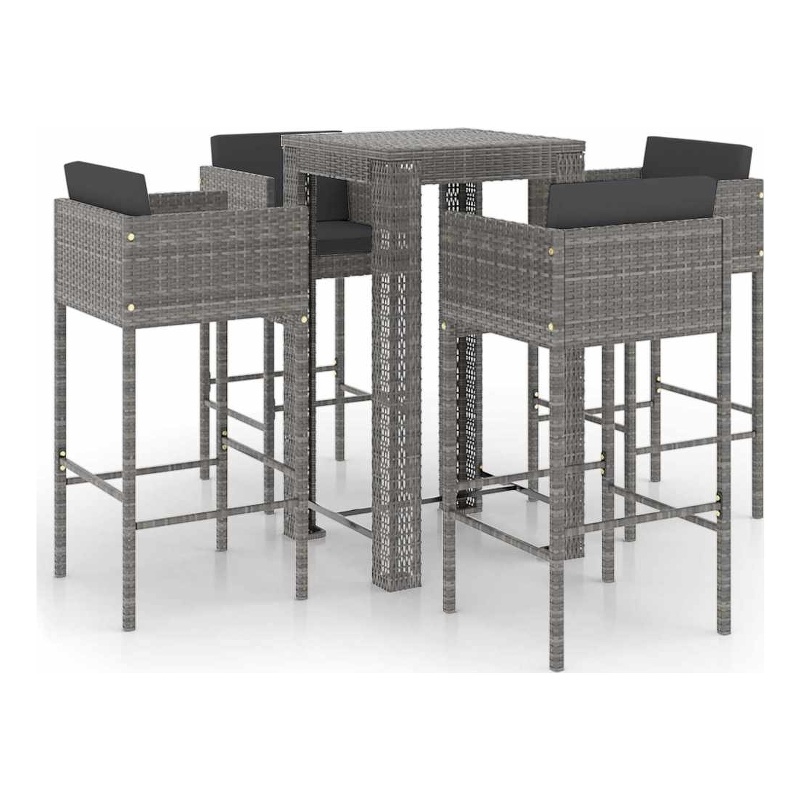 vidaXL 5 Piece Patio Bar Set with Cushions Poly Rattan Gray