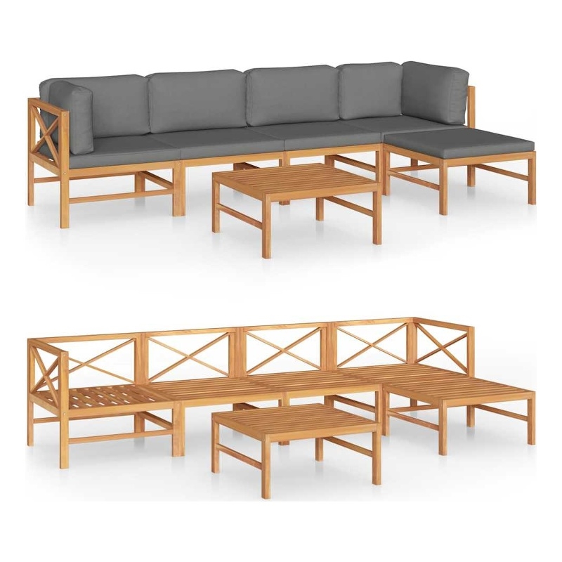 vidaXL 6 Piece Patio Lounge Set with Gray Cushions Solid Teak Wood