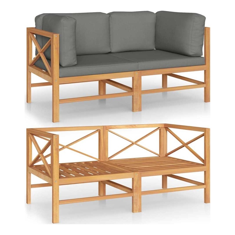 vidaXL 2-Seater Patio Sofa with Gray Cushions Solid Teak Wood