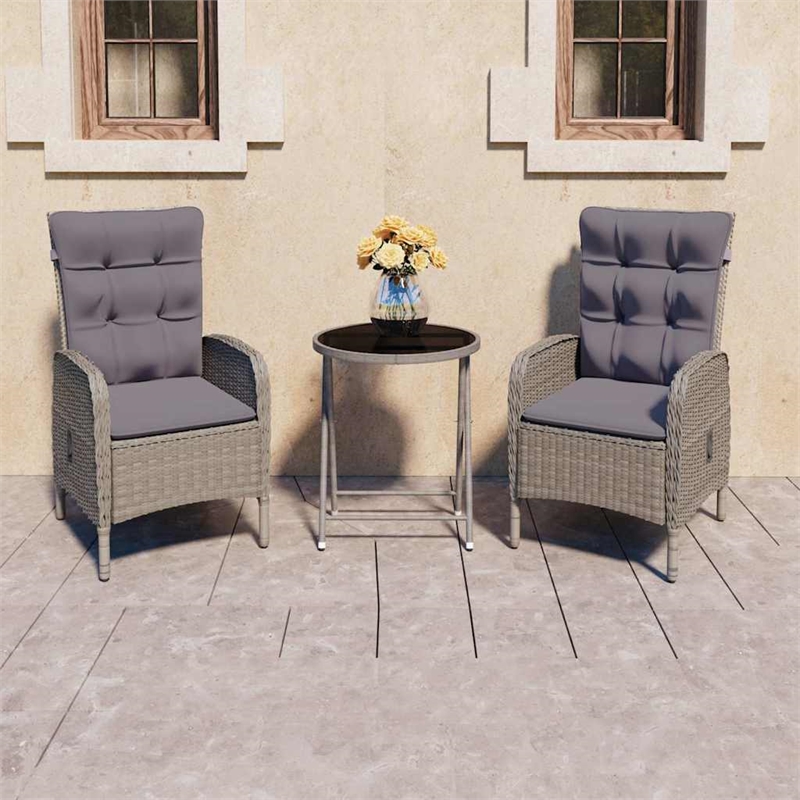 vidaXL 3 Piece Patio Bistro Set Poly Rattan and Glass Gray