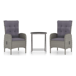 vidaXL 3 Piece Patio Bistro Set Poly Rattan and Glass Gray