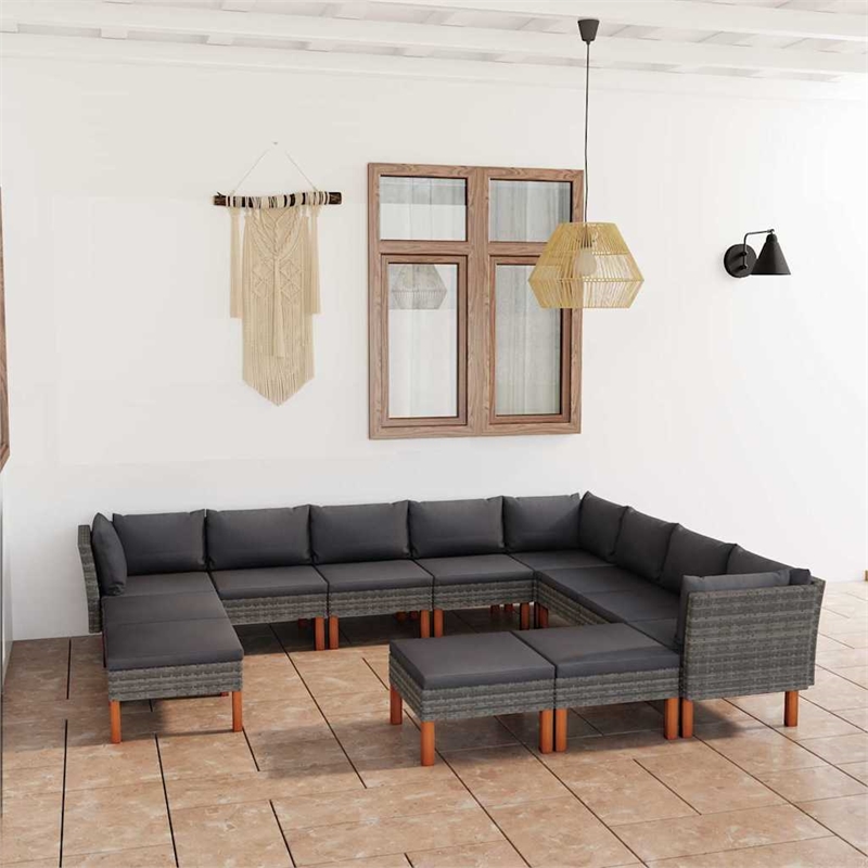vidaXL 12 Piece Patio Lounge Set with Cushions Poly Rattan Gray