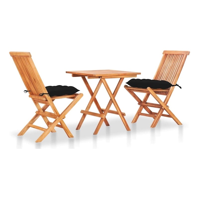 vidaXL 3 Piece Bistro Set with Black Cushions Solid Teak Wood