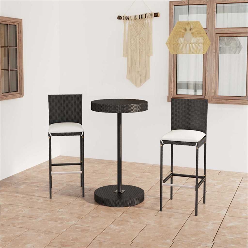 vidaXL 3 Piece Patio Bar Set with Cushions Poly Rattan Black