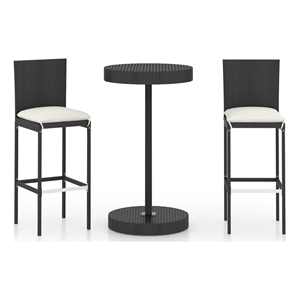 vidaXL 3 Piece Patio Bar Set with Cushions Poly Rattan Black