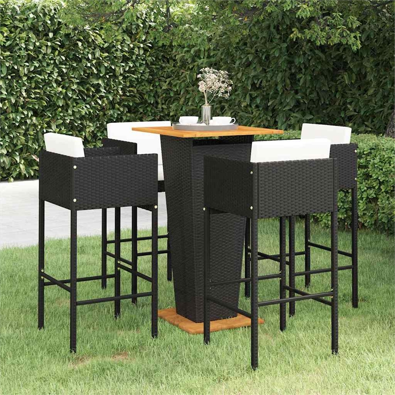 vidaXL 5 Piece Patio Bar Set with Cushions Poly Rattan Black