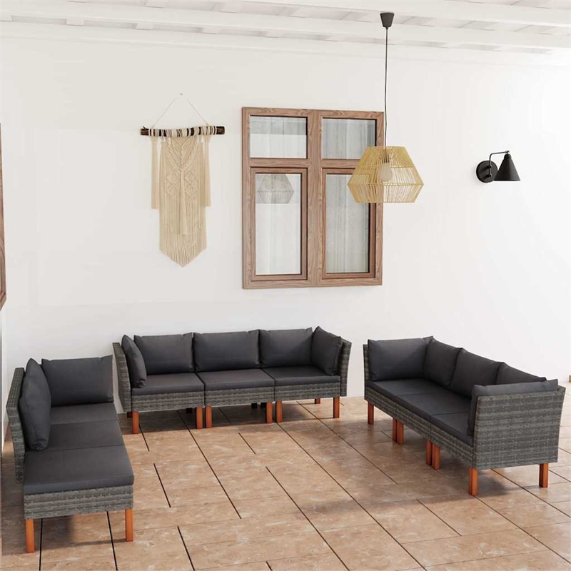 vidaXL 9 Piece Patio Lounge Set with Cushions Poly Rattan Gray