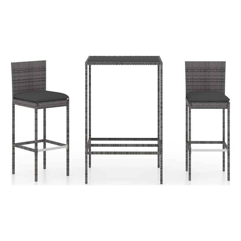 vidaXL 3 Piece Patio Bar Set with Cushions Poly Rattan Gray