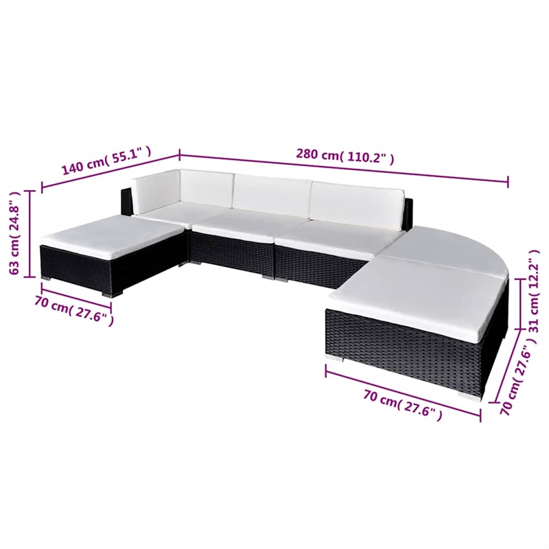 vidaXL 6 Piece Patio Lounge Set with Cushions Poly Rattan Black