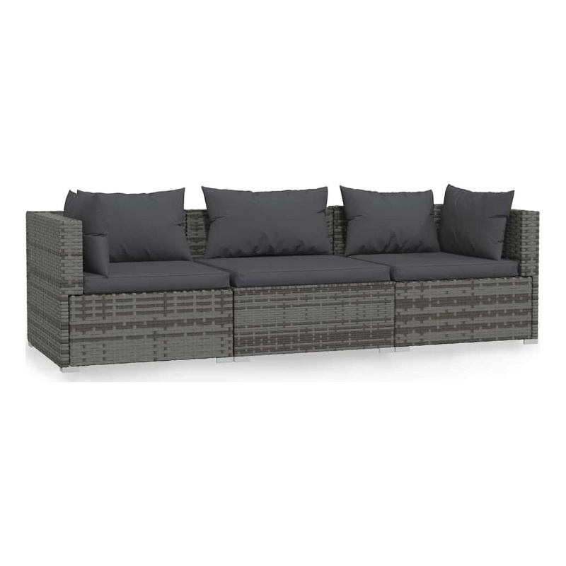 vidaXL Wicker Patio Furniture 3 Piece with Cushions Gray Poly Rattan
