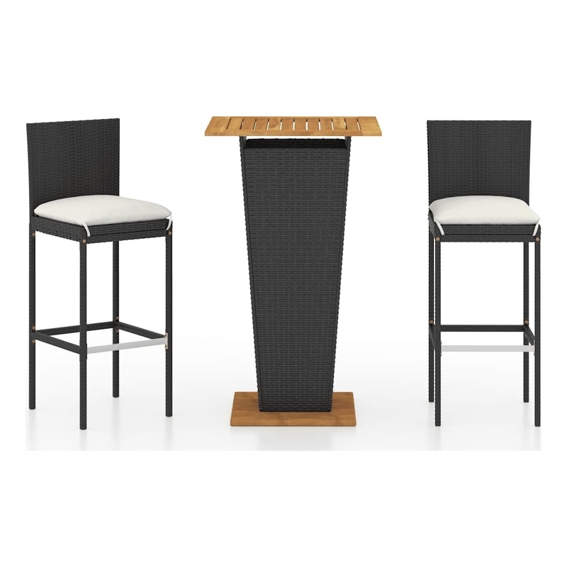 vidaXL 3 Piece Patio Bar Set with Cushions Poly Rattan Black
