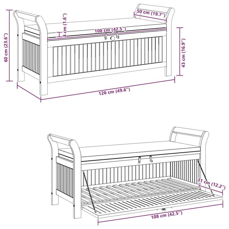 vidaXL Patio Storage Bench with Cushion 49.6