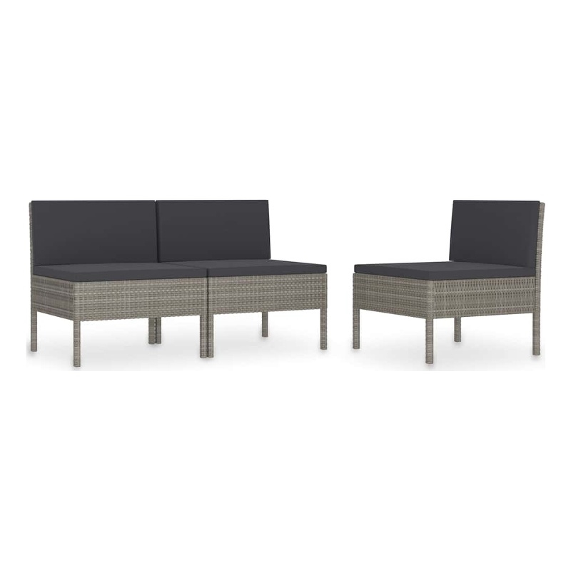 vidaXL Patio Chairs 3 pcs with Cushions Poly Rattan Gray