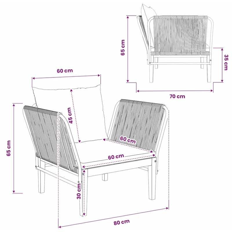 vidaXL Garden Chair with Cushions Solid Acacia Wood & Rope Natural