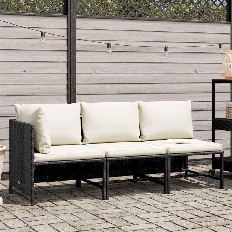 vidaXL 3 Piece Patio Sofa Set with Cushions Black Poly Rattan
