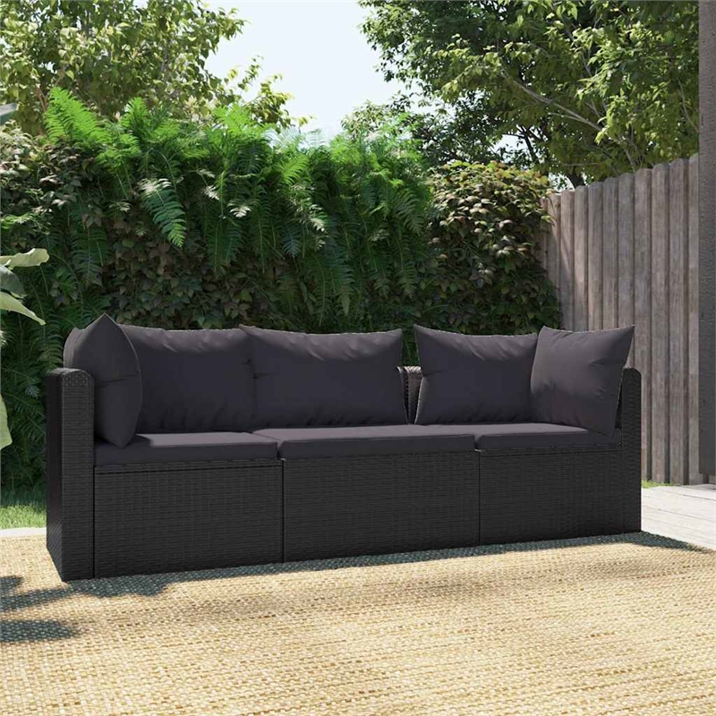 vidaXL 3 Piece Patio Sofa Set with Cushions Poly Rattan Black