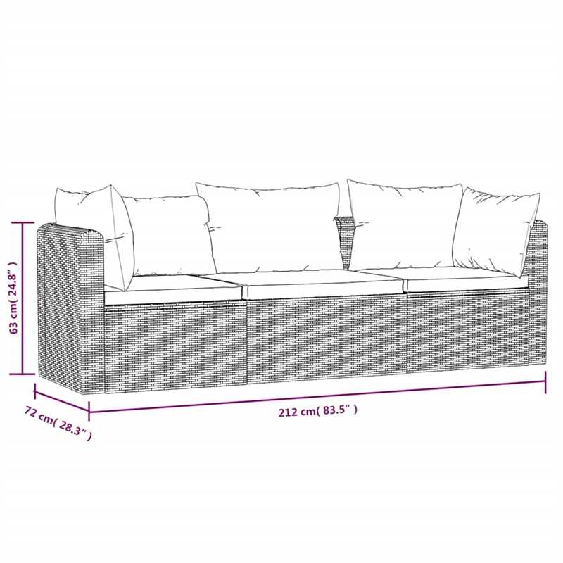 vidaXL 3 Piece Patio Sofa Set with Cushions Poly Rattan Black