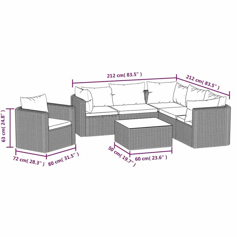 vidaXL 7 Piece Patio Lounge Set with Cushions Poly Rattan Black