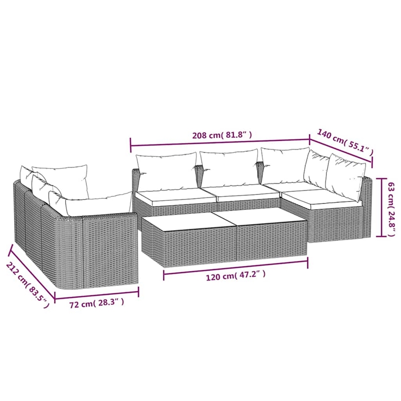 vidaXL 9 Piece Patio Lounge Set with Cushions Poly Rattan Black