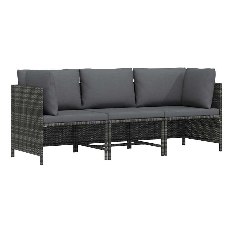 vidaXL 3-Seater Patio Sofa with Cushions Gray Poly Rattan