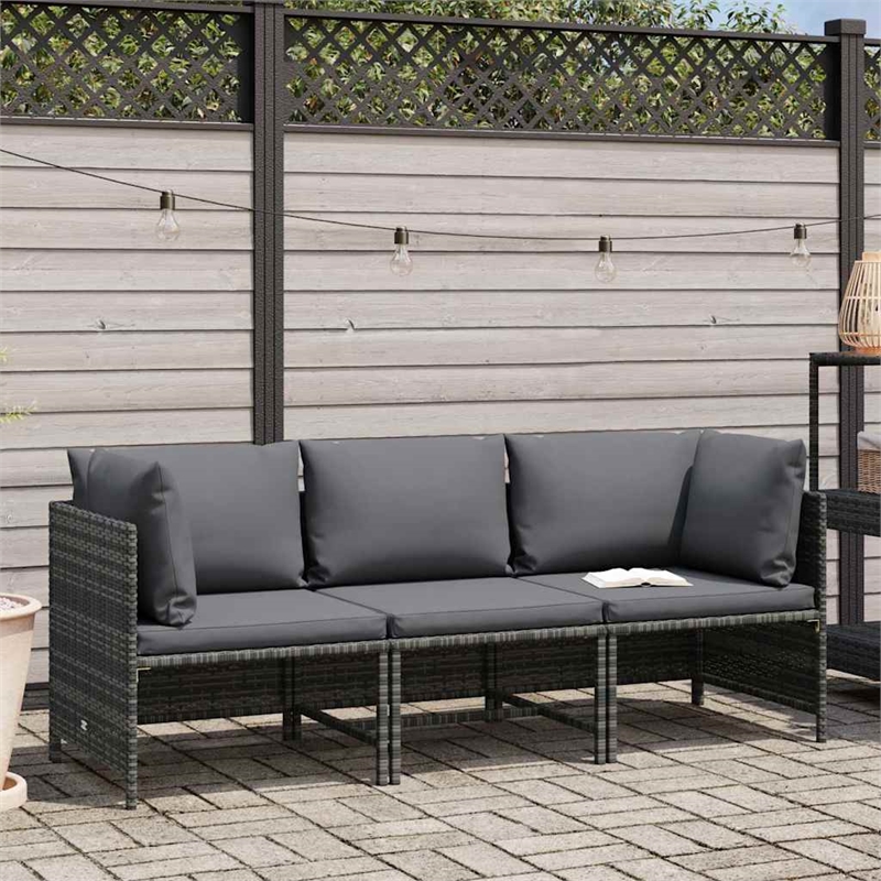 vidaXL 3-Seater Patio Sofa with Cushions Gray Poly Rattan