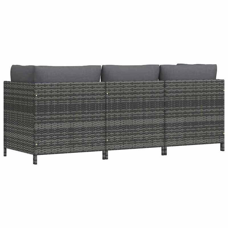 vidaXL 3-Seater Patio Sofa with Cushions Gray Poly Rattan