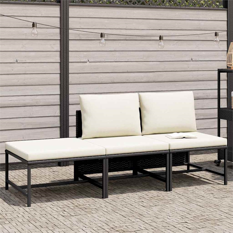 vidaXL 3 Piece Patio Sofa Set with Cushions Black Poly Rattan