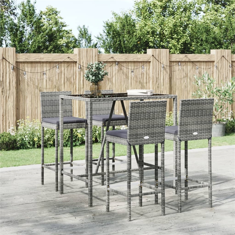 vidaXL 5 Piece Patio Bar Set with Cushions Gray Poly Rattan