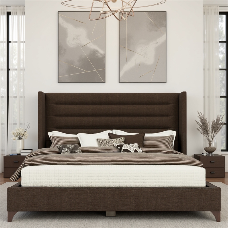 Savelle Channel Upholstered Bed Queen Brown Performance Fabric