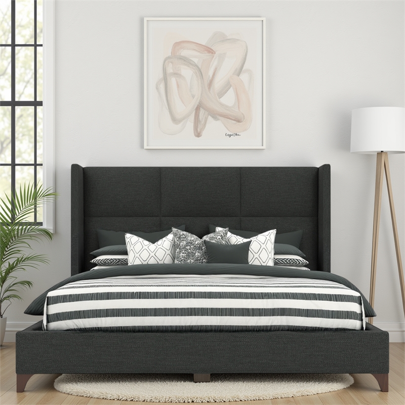 Savelle Square Upholstered Bed King Charcoal Performance Fabric